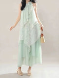 Purpdrank  Summer New Vintage Sleeveless Neck Floral Long Dress Women's Elegant Ruffles Lace Dress Korean Fashion Fairy Holiday Party Dress
