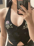 Purpdrank  Summer Vests 2025 Women's Sexy Skull Crystal Sleeveless Halter Neck Button Through Streetwear Vests