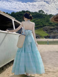 Purpdrank  Sexy V-neck Backless Strap Long Fairy Skirt Pure Desire Style U-neck Polyester Spring Summer Vacation Beach Holiday Dress