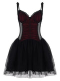 Purpdrank  Gothic Black Bow Spaghetti Strap Dress Women Fashion Ruched V Neck Sleeveless Mesh Patchwork A Line Mini Dress Clubwear