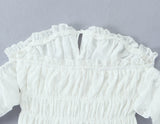 Purpdrank  Stylish White Embroidery Hollow Out Flower Slash Shoulder Short Sleeve Tank Top Women Elastic Waist Ruffles Hem Crop Tops