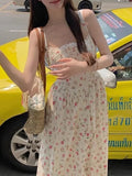 Purpdrank  Elegant Women's Retro Printed Medium Length Dress Summer Fashion Beach Party Y2k Slim Fit Women Versatile Lace Suspender Dress
