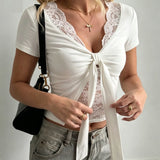 Purpdrank  Women Lace Patchwork Bow Tie Short Sleeve Top