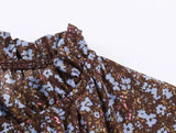 Purpdrank  Women Black Floral Print Flare Long Sleeve Chiffon Dress Stand Collar Slit Backless Ruffles Hem Mini Shirt Dresses Robe