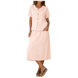 Purpdrank  Women Summer Skirts Two Piece Set Peter Pan Collar Short Sleeve Top And Midi Skirt With Pockets Cotton Linen Matching Sets