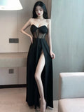 Sexy Black Mesh Patchwork Strapless Corset Maxi DressesWomen 2024 Summer Sleeveless Bodycon Split See Through Party Club Dress