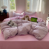 Purpdrank  Striped Bedding Set INS Nordic Girls Soft 100% Cotton Bed Sheet Queen King Size Duvet Set Comforter Set Pillowcase Bed Linens