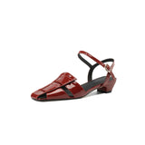 Purpdrank  New Summer Women Sandals Genuine Leather Women Shoes Square Toe Low Heel Shoes Narrow Band Cover Toe Modern Sandals