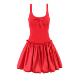 Purpdrank  Sweet White Bow U Collar Tank Dress Women Spliced Satin Wood ears Low Waist Swing BUD Sling Mini Party Dresses Robe Red