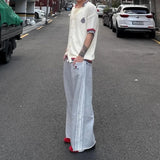 Purpdrank  Gray Vintage Striped Embroidery Women Sweatpants Double Waist American Style Straight Sports Pants Baggy Casual Hip Hop