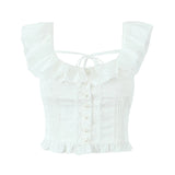 Purpdrank  White Spliced Wood ears Ruffles Embroidery Hollow Out Hole Sexy Corset Women Summer Tank Tops Slim Through Buttons Crop Top