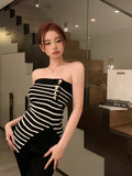 Purpdrank  Sweet and Spicy Tube Top for Women Spring Summer Slash Neck Strapless Knitted Bottom Top Sexy Split Slim Stripes Outer Wear