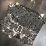 Purpdrank - Sleeveless Strapless Rhinestone Diamonds Black Slim Tank Top Vest Short Bodycon Skirt Belt Two Piece Set Outfits