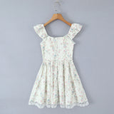 Purpdrank  Sexy Floral Print Spliced Lace V neck Ruffles Strap Sling Dress Women Wood ears Low Waist Short Dresses Swing A-lined Robe