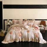 Purpdrank  Vintage French Rose Flowers Prints Ruffles Bedding Set 100% Cotton Brushed Fabric Duvet Cover Set Bed Sheet Pillowcases 4Pcs
