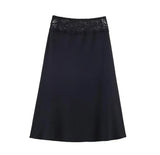Purpdrank  3 colors Retro Spliced Lace Low Waist Knitted Midi Long Skirt Spring Summer Women A-lined Skirts Femme Grayblue Black Brown