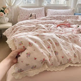 Purpdrank  Korean Style Girly Heart Floral Double Layer Gauze Four-Piece Set Princess Style Lace Trim Quilt Cover Bed Sheet Dormitory
