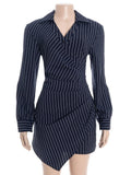 Purpdrank  Chic Blue & White Striped Shirt Dress Women Fashion Turn Down Collar Long Sleeve Pleats Slim Asymmetrical Hem Mini Dress