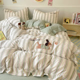 Purpdrank  Cute Cartoon Embroidery Stripe Bedding Set Washed Cotton Soft Four Piece Sets Pillowcase Duvet Cover Set 200x230cm Home Textiles