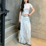 Purpdrank  Y2K White Midi Skirt Women Streetwear Lace Patchwork Skirts Summer Gyaru Korean Fashion High Waist Design A Line Faldas