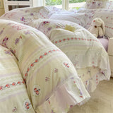 Purpdrank  Flower Skin-friendly Washed Cotton Bedding Set Duvet Cover Set Korean Lace Ruffles Quilt Cover Soft Cover Bed Linen Pillowcases