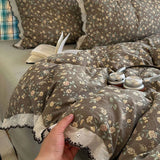 Purpdrank   Korean Pure Cotton Floral Bedding Set Luxury Skin-Friendly Quilt Cover Kit with Fitted Sheet Four Seasons Soft Lace Bedclothes