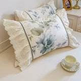 Purpdrank  Korean Princess Style 100% Cotton Bedding Set French Flowers Print Lace Ruffles Duvet Cover Bed Skirt Bedspread Pillowcases 4Pcs