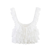 Purpdrank  Creamy Lace Ruffled Layered Strappy Top Women Blouses Vintage Sleeveless O Neck Cropped Camisole Boho Beach Sheer Tanks Tops
