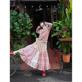 Purpdrank  Harajuku Plaid Midi Skirt Women Japanese Lace Patchwork Skirts Summer Korean Fashion High Waist Casual A Line Faldas New