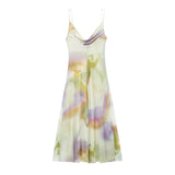 Purpdrank  2025 Women Fashion Pleat V Neck Tie Dyed Print Mesh Yarn Sling Long Dress Female Chic Summer Beach Wear Vestidos DS9321