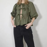 Purpdrank  New European and American Sweet Casual Strap Crew Neck Bubble Sleeve Versatile Shirt