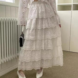 Purpdrank  Luxury Women's Blouse Set and Skirt Flower Hollow Hook Lace Shirt+High Waist Cake Skirt Set New Collection White Dress Set