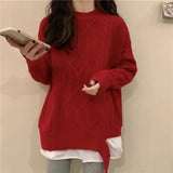 Purpdrank  Trendy Twists Pullover Fake Two Piece Splice Sweater Women Autumn Winter New Lazy Style Long Sleeve Loose Knit Top Design Jacket