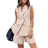 Purpdrank  Spring Summer Women Office Shorts Suit Set Solid Khaki Sleeveless Halter Outfit 2 Piece Matching Sets For Women