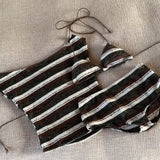 Purpdrank  Retro Striped One-shoulder Sexy Two-piece Bikini Sexy Small-bust Coffee Color Four Piece Set Straps Design Hot Spring Swimsuit