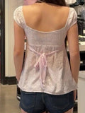 Purpdrank  Polka Dot Pink Lace-up T-shirt Blouse Women Summer Folds Square Collar Slim Puff Sleeve Shirts Sweet Vintage Backless Tees New