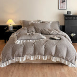 Purpdrank  Vintage Lace Ruffles Striped Plaid Floral Bedding Set Pure Cotton Double Layer Crinkle Yarn Duvet Cover Bed Sheet Pillowcases