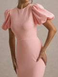 Purpdrank  New Women's Side Slit Evening Party Maxi Dresses Summer Puff Sleeve Loose Fit O-Neck Elegant Urban Office Pink Dress