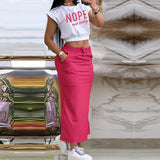 Purpdrank  Sexy T-shirt Skirt Two Piece Set Women New Short Sleeve O-Neck Crop Top High Waist Skirt Solid Fashion Suit Streetwear Partywear