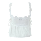 Purpdrank  White Spliced Lace Strap Open Buttons Slit Front Sexy Corset Women Summer Tank Tops Lacing up Bandage Bow Waist Crop Top