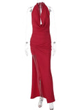 Purpdrank  New Fashion Women Halter Backless Slit Maxi Dress Solid Swinging Collar Sleeveless Slim Sexy Party Evening Elegant Outfit