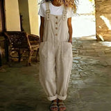 Purpdrank  Hollow Off Shoulder Solid Summer Romper Sleeveless Button Pocket Wide-leg Playsuit Cotton Linen Suspender Casual Women Jumpsuits