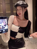 Purpdrank  Y2k Aesthetic Contrast Color Square Collar Cardigan Autumn Patchwork Hollow Out Knitted Pull Femme Harajuku Grunge Cropped Tops