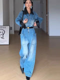 Purpdrank  Retro Polo Collar Workwear Denim Jumpsuit Women'S Spring And Autumn Color Blocked High Waisted Wide Leg Pants