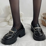 Purpdrank  String Bead Chain Decor Pumps for Women Elegant Round Toe Platform Loafers for Woman Party Non Slip Patent Leather Shoes Mujer