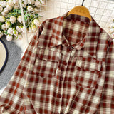 Purpdrank  Retro Hong Kong Sle Plaid Long Sve irt Women's ort Length Turn-down Collar Slimming Waist Tie Top for Autumn 2025