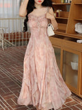 Pink Print French Strap Dress Women Chiffon Elegant Evening Party Midi Dress Female Ruffle Korean Sweet fairy Dress Summer