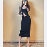 Purpdrank  Summer New Style French Square Neck Niche Gauze Sleeve Splicing Dress Sexy and Versatile Little Black Vintage Dress