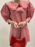 Purpdrank  Chic Spring Sweet Young Looking Wood ain  Doll Collar Loose Bubble Sve Plaid Dr Women's Faion Casual Skirts