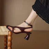 Purpdrank  NEW Summer Women Sandals Split Leather Shoes for Women Square Toe Kitten Heel Shoe Narrow Band Bcukle Strap Shoes Modern Sandals